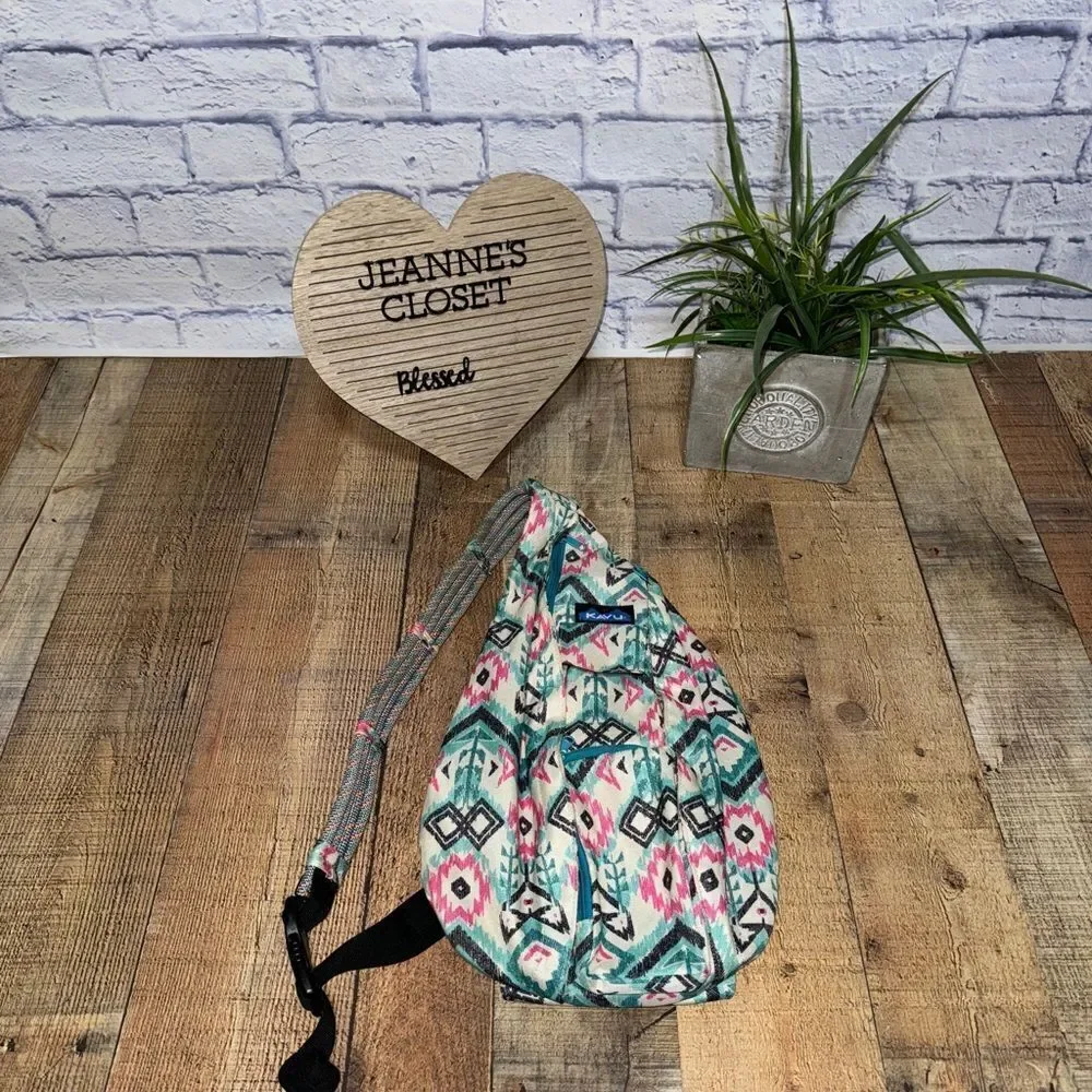 Kavu Rope Crossbody Sling Bag Aztec Southwestern Geometric Teal/Pink/Black